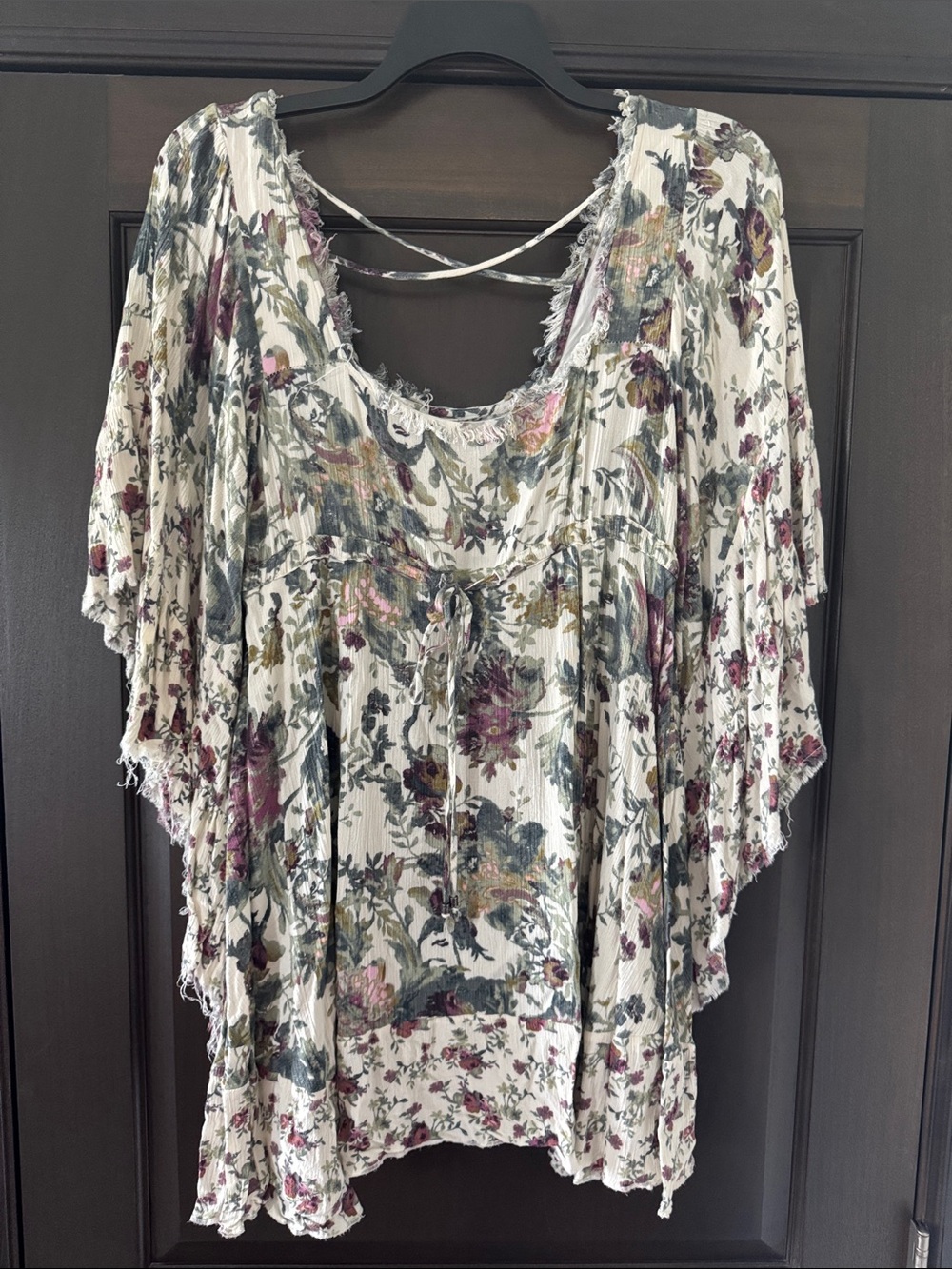 Free People Women's Floral Crinkle Boho Top in Cream with Green and Pink